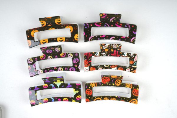 Neon Spooky Pumpkin Rectangle Hair Claws, Cute Halloween Resin Hair Accessories