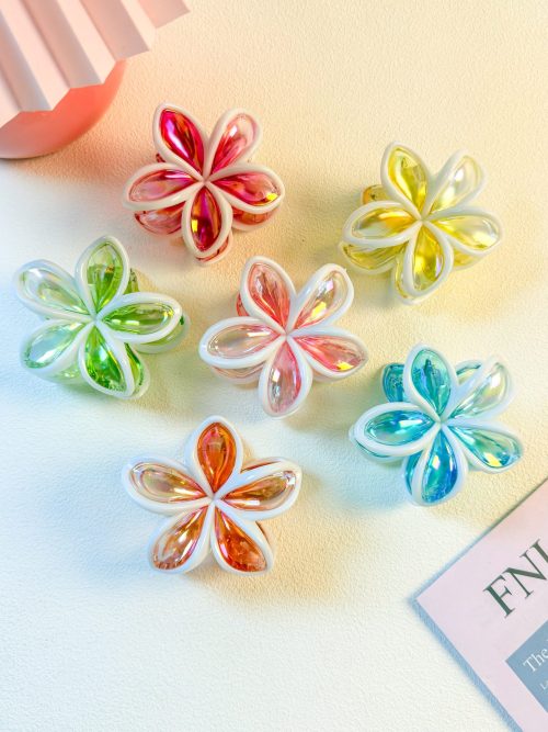 Iridescent Plumeria Flower Hair Claw with White Frame