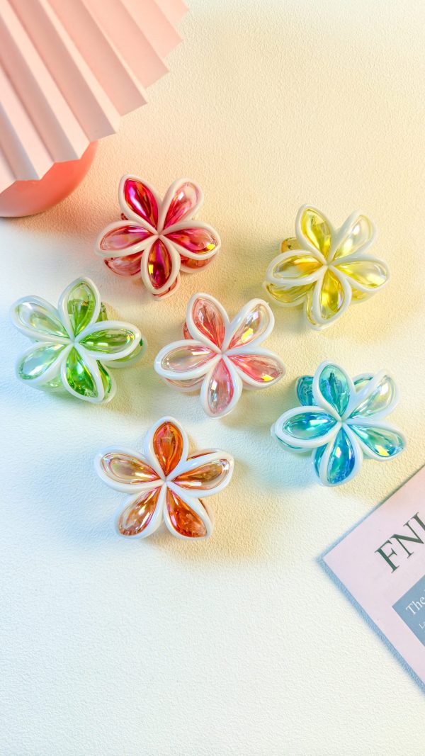 Iridescent Plumeria Flower Hair Claw with White Frame