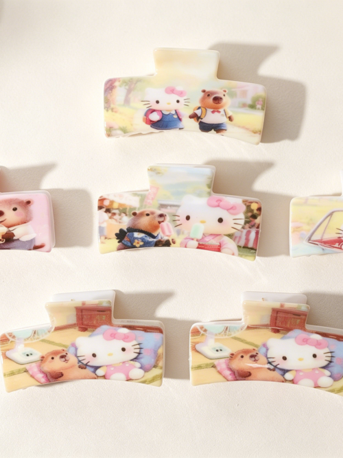 Wide Rectangle Cartoon Kitty & Capybara Hair Claws