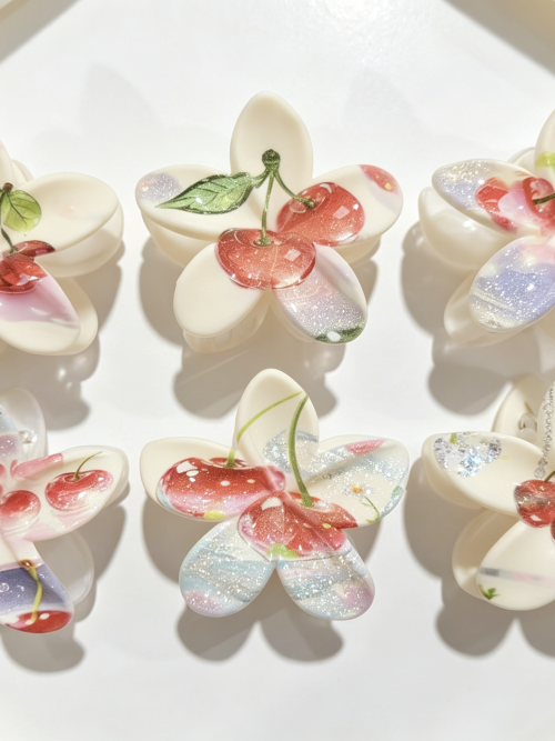 Cherry Print Flower Shape Hair Claws