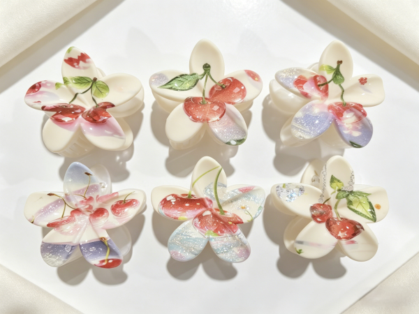 Cherry Print Flower Shape Hair Claws