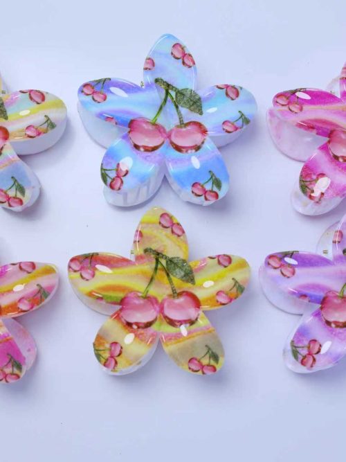 Rainbow Tie-Dye Cherry Flower Hair Claws