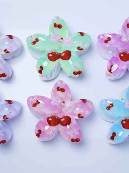 Pastel Bow Cherry Flower Hair Claws