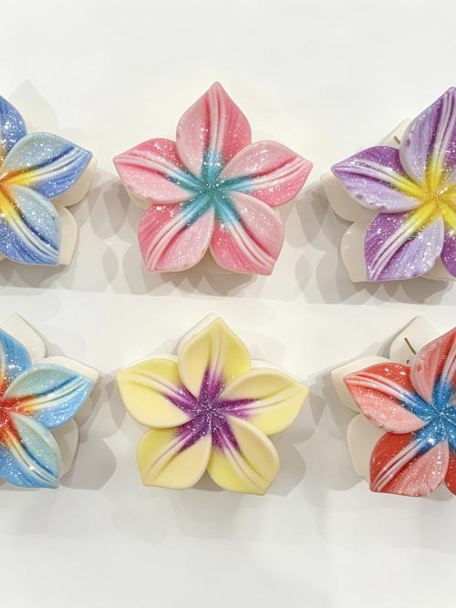 Rainbow Center Plumeria Hair Claw Clips
