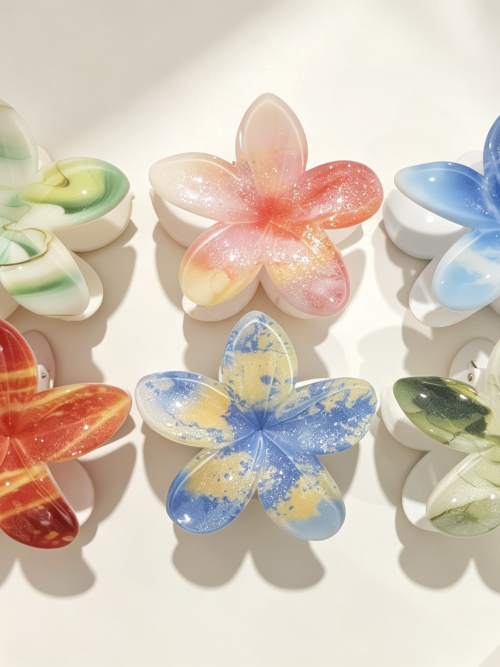 Artistic Marble Plumeria Hair Claw Clips