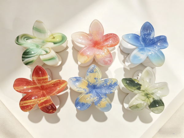 Artistic Marble Plumeria Hair Claw Clips