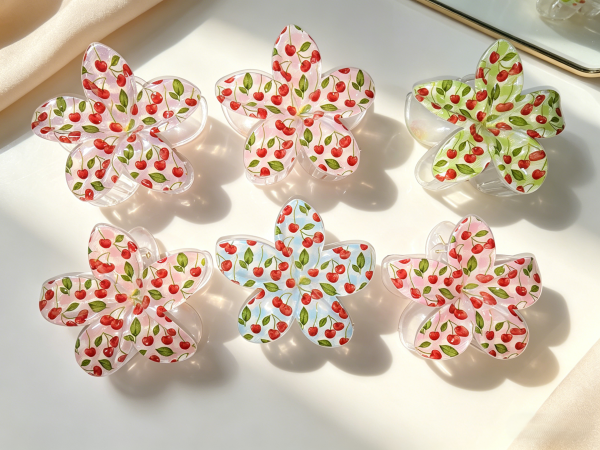 Gingham Cherry Print Plumeria Hair Claws