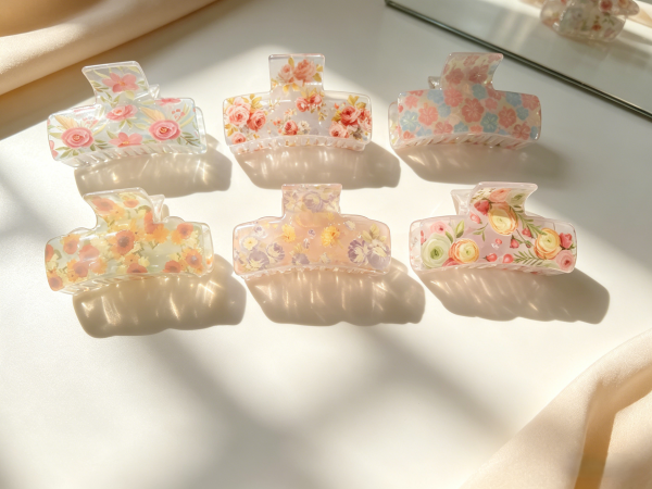 Watercolor Floral Transparent Hair Claw Clips