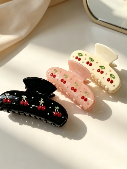 Cherry-Embroidered Glossy Hair Claw Clips