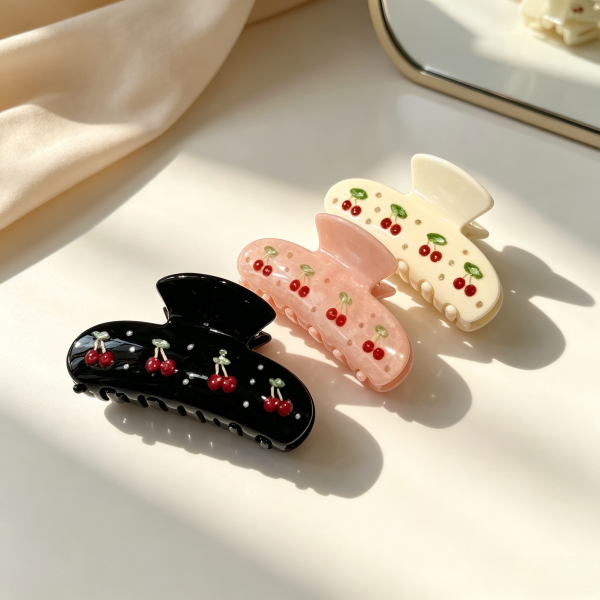 Cherry-Embroidered Glossy Hair Claw Clips