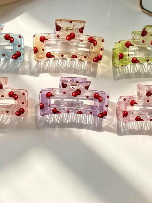 Pastel Cherry Print Transparent Hair Claw Clips