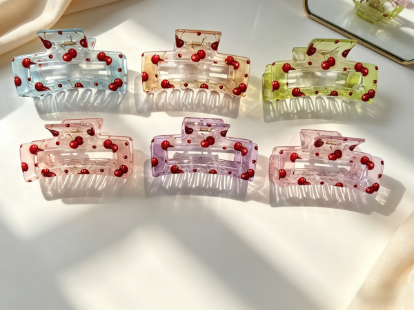 Pastel Cherry Print Transparent Hair Claw Clips