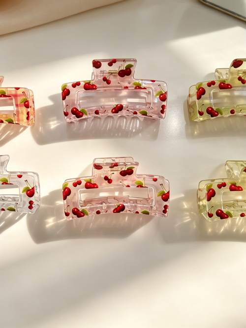 Plaid & Cherry Print Transparent Hair Claw Clips