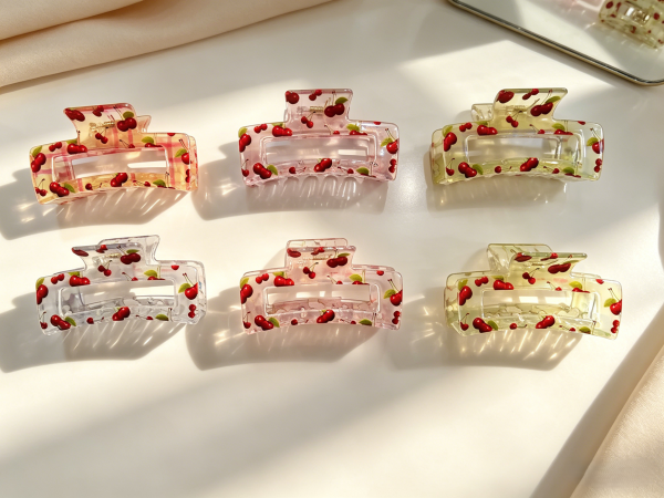 Plaid & Cherry Print Transparent Hair Claw Clips