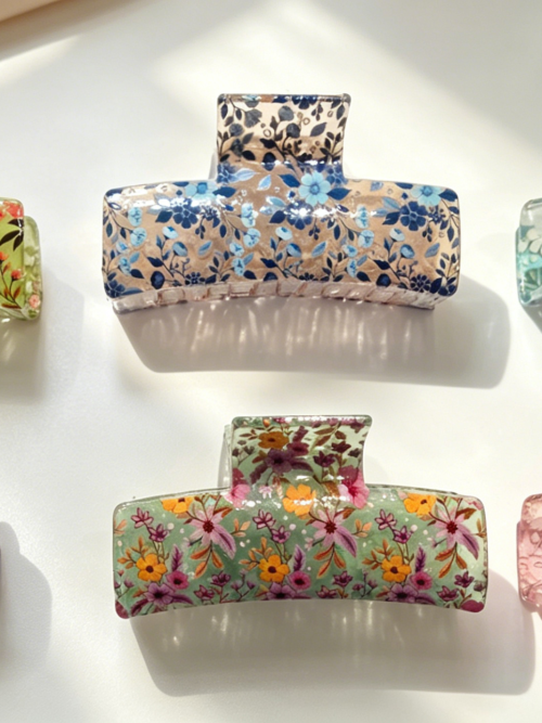 Ditsy Floral Transparent Rectangle Hair Claw Clips