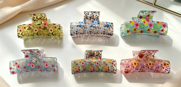 Ditsy Floral Transparent Rectangle Hair Claw Clips