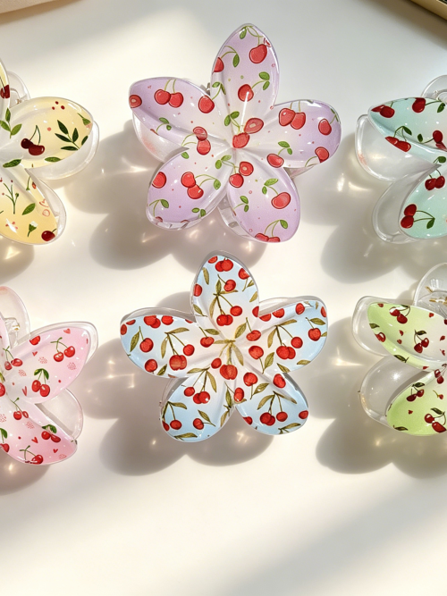 Pastel Cherry Print Plumeria Hair Claw Clips
