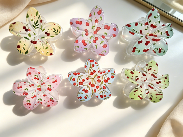Pastel Cherry Print Plumeria Hair Claw Clips