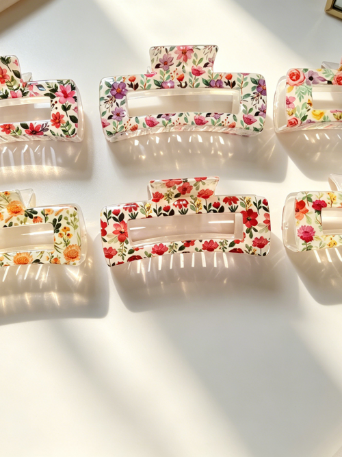 Vintage Floral Print Rectangle Hair Claw Clips