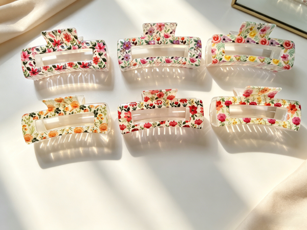 Vintage Floral Print Rectangle Hair Claw Clips