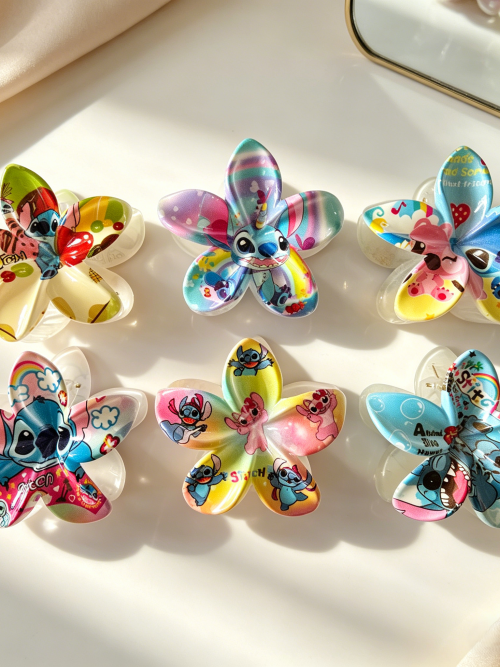 Rainbow Stitch Flower Hair Claw Clips