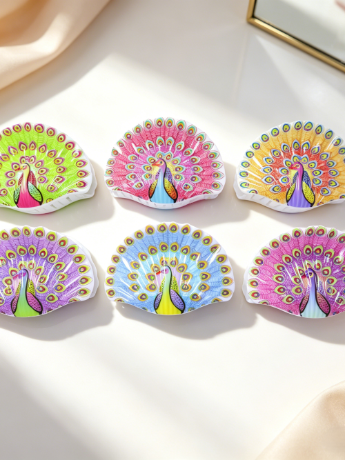 Neon Peacock Print Shell Hair Claw Clips