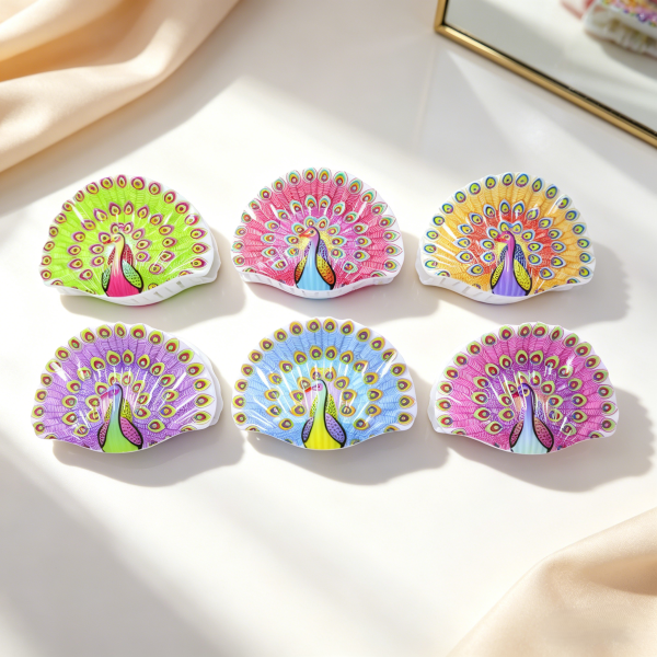 Neon Peacock Print Shell Hair Claw Clips