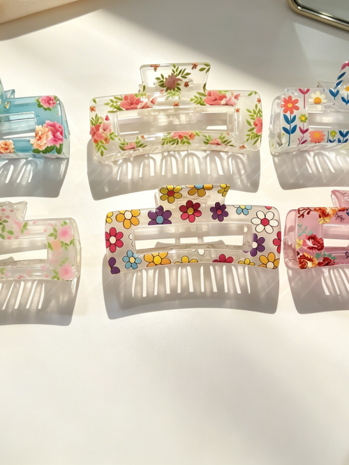 Transparent Floral Print Rectangle Hair Claw Clips