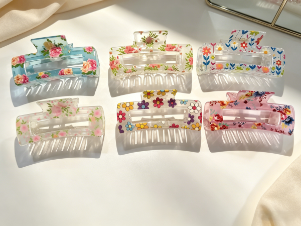 Transparent Floral Print Rectangle Hair Claw Clips