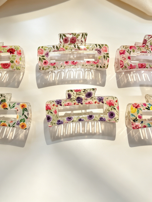 Transparent Rose Floral Print Rectangle Hair Claws