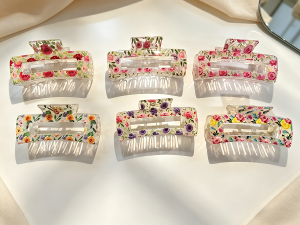 Transparent Rose Floral Print Rectangle Hair Claws