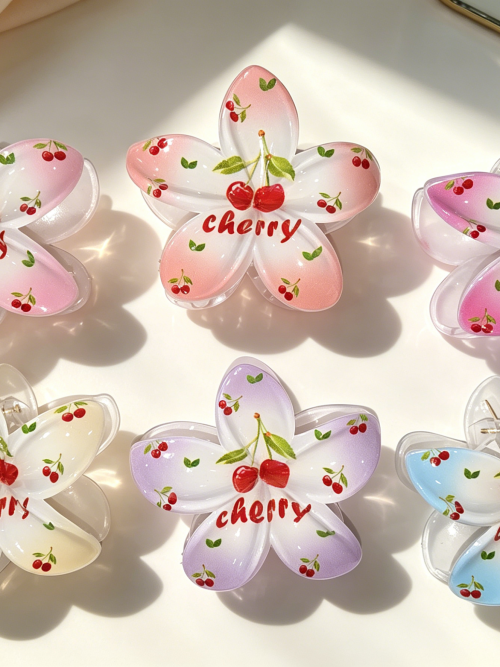 Cherry Print Gradient Plumeria Hair Claw Clips