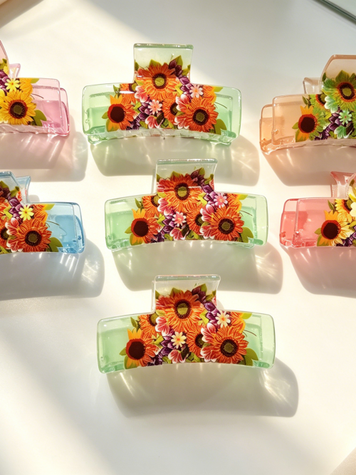 Transparent Sunflower Print Rectangle Hair Claws