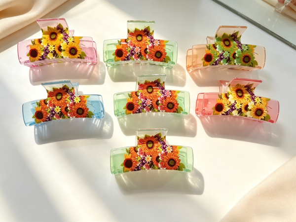 Transparent Sunflower Print Rectangle Hair Claws