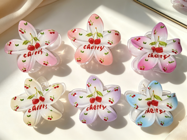 Cherry Print Gradient Plumeria Hair Claw Clips