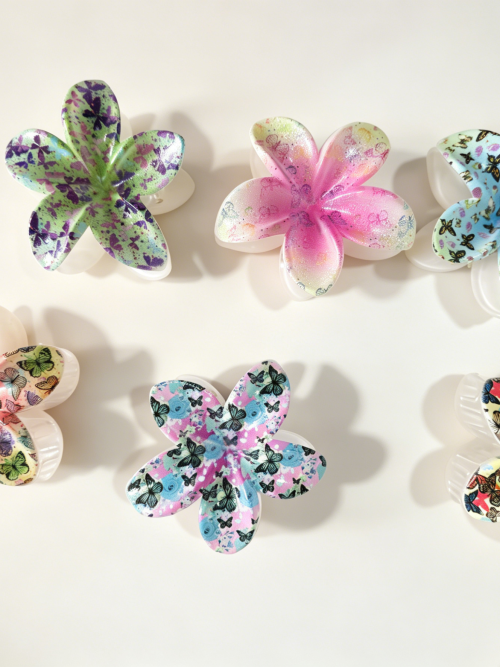 Butterfly Print Plumeria Flower Hair Claws