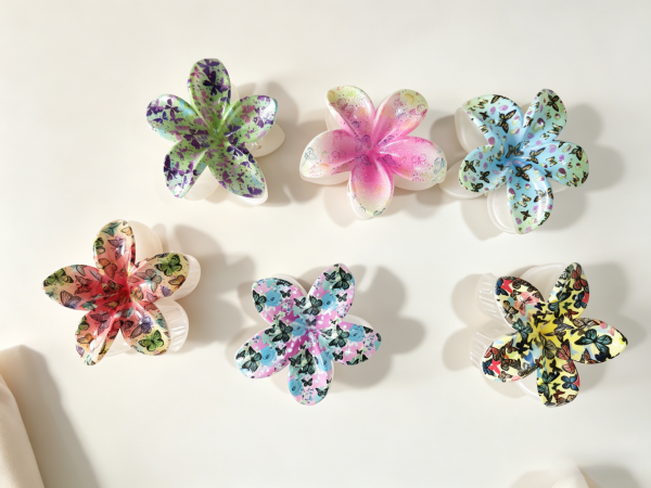 Butterfly Print Plumeria Flower Hair Claws