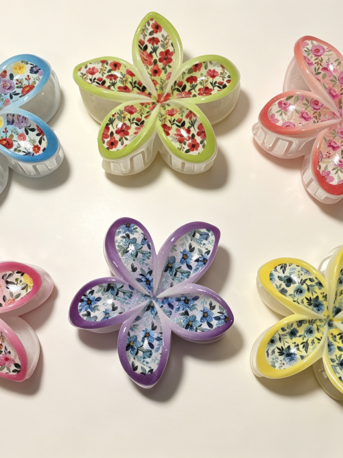 Two-Tone Floral Plumeria Hair Claw Clips